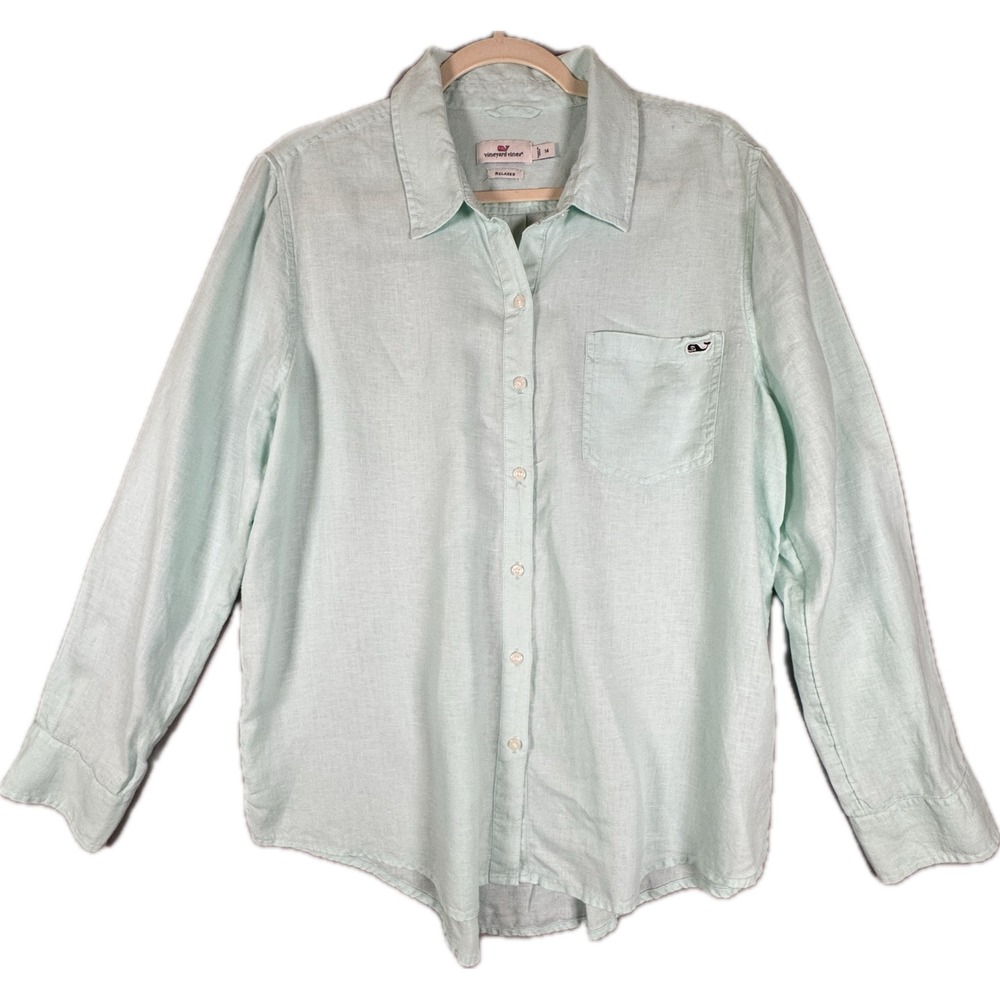 Vineyard Vines Button Down Shirt Womens 14 Mint Green Relaxed Linen Long Sleeve